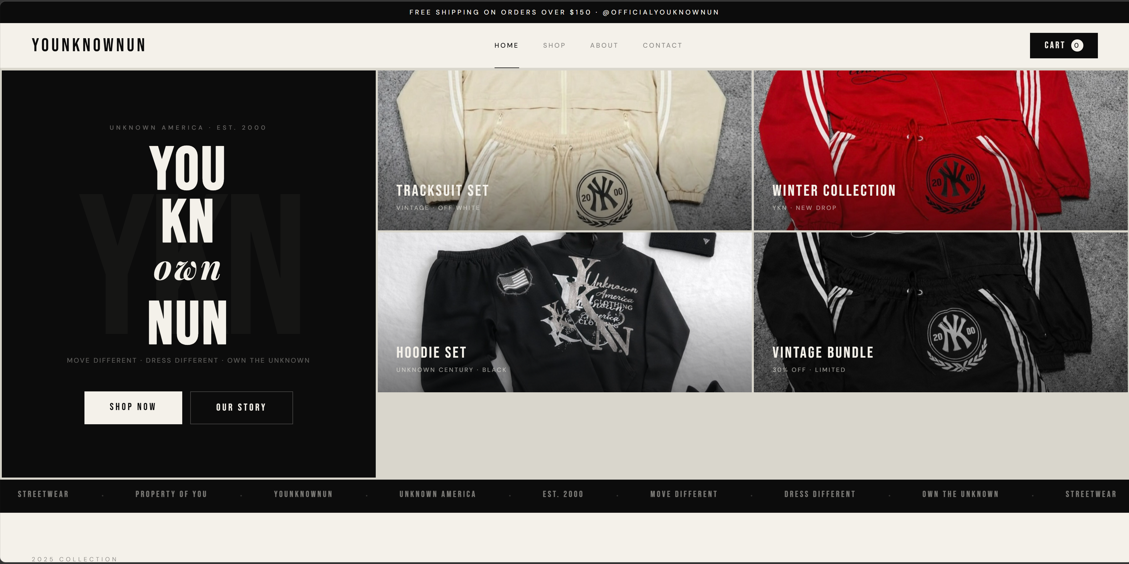 YKN Unknown — bold streetwear ecommerce website mockup